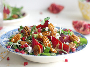 Candied Pecan Roasted Beet Salad with Maple Balsamic Dressing