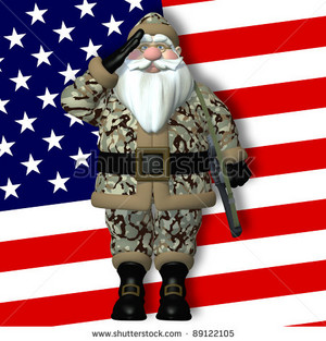 stock Foto military santa saluting santa in front of an american flag wearing desert camouflage bat