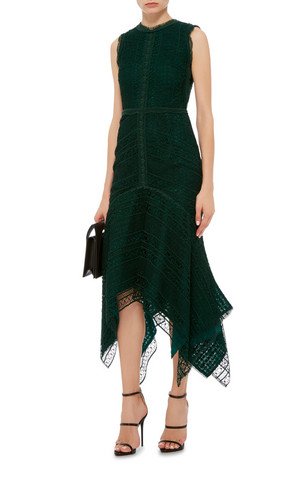 large costarellos dark green guipure lace sleeveless midi dress
