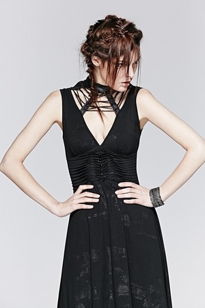  Gothic Black Sleeveless Summer Sexy Deep V Neck Asymmetrical Dress 04