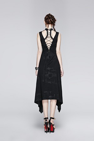 Gothic Black Sleeveless Summer Sexy Deep V Neck Asymmetrical Dress 05