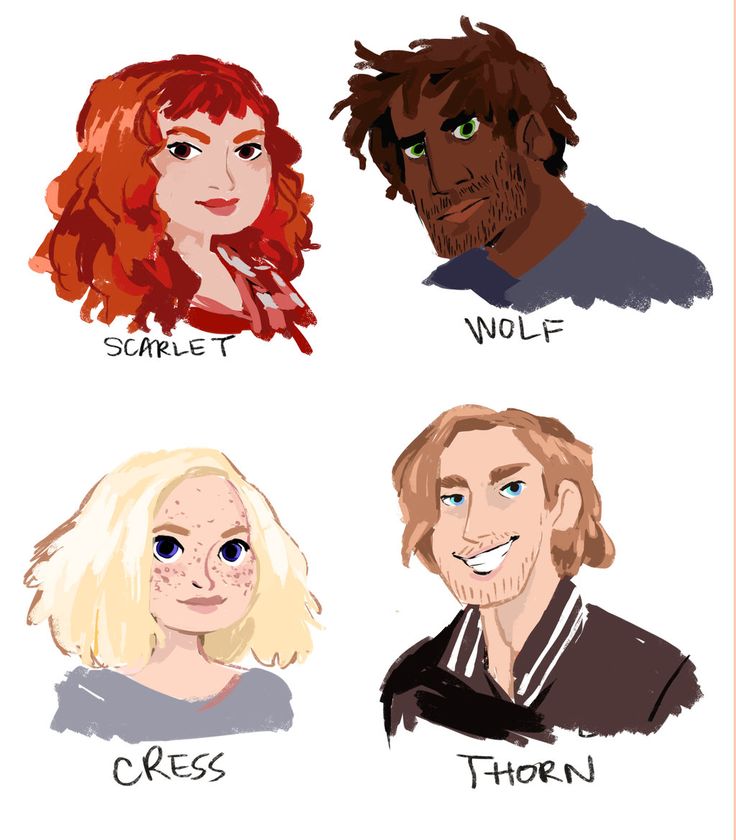 The Lunar Chronicles Fan Art: Scarlet, Wolf, Cress and Thorne.
