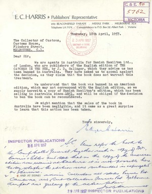  Letter Pertaining To Catcher In The Rye