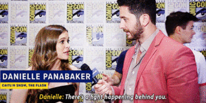 cute exchange between Danielle Panabaker and Grant Gustin at SDCC 2018