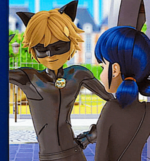 Chat Noir trying to look cool by leaning on a wall