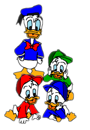 Donald Duck, Huey, Dewey, and Louie Duck.