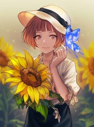  Аниме girl with sunflower