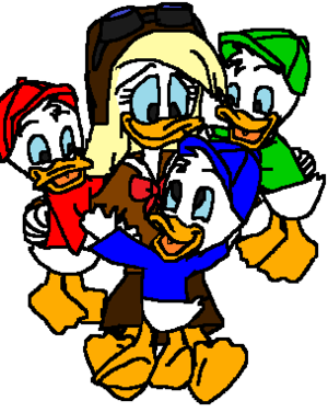 Donald's Twin Sister Della Duck with her 3 sons Huey, Dewey and Louie Duck.
