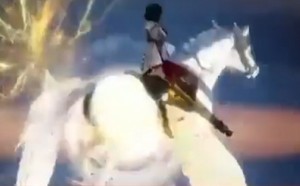 Okuni riding on a Pegasus