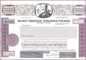  Walt डिज़्नी Productions Certificate Of Stock