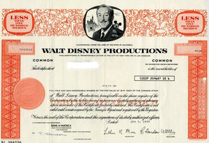  Walt Дисней Productions Certificate Of Stock