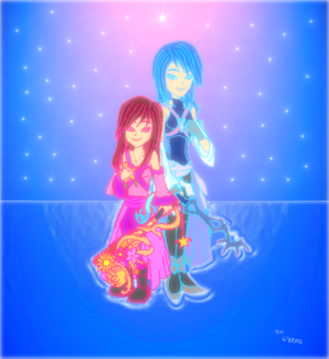  Kingdom Hearts Princess Kairi and Master 皇后乐队 Aqua. (Fanart).. Water Sea..,,,,