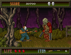 Arcade version screenshot of Rick battling Biggy Man using a shotgun in Stage III.