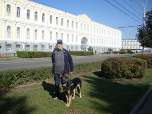 My uncle Mr Oleg Gavrilovich Semyonov with Lucy in Stavropol