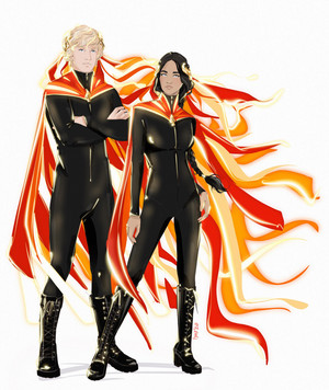  Peeta/Katniss Drawing - Girl And Boy On api, kebakaran