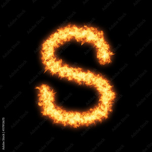 Lower case letter s with fire on black background