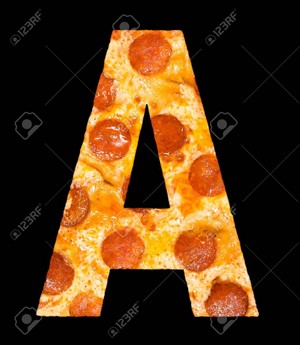  Letter a cut out of 피자 with peperoni and cheese, isolated