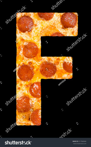  Letter f cut out of 피자 with peperoni and cheese, isolated