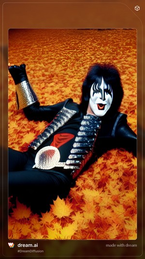 KISS bassist Gene Simmons laying on leaves