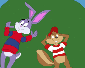 Reader Rabbit and Charlie Chipmunk on grass