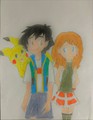 Ash Ketchum Pikachu and Serena from Pokémon - pokemon fan art