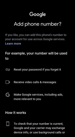 Add Phone Number With Google Account In Dark mode