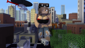 Giant thicc Minecraft girl in city