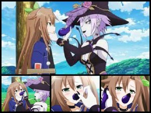  HyperDimension Neptunia ナス scene. Arfoire shoving an ナス into If's mouth, while tied up.