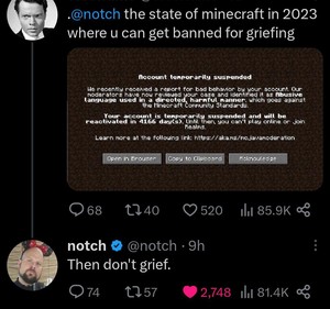 Notch comments on 5th column 2b2t griefing group banned by Mojang