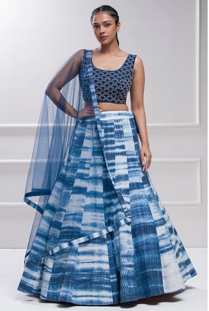  Purchase Georgette Designer Lehenga in Blue and Off-White Tie & Dye - toko Online at Samyakk