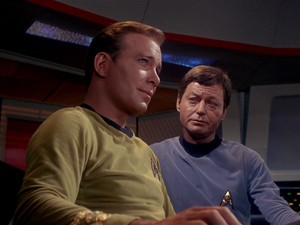 DeForest Kelley as Leonard McCoy and William Shatner as James T. Kirk | stella, star Trek