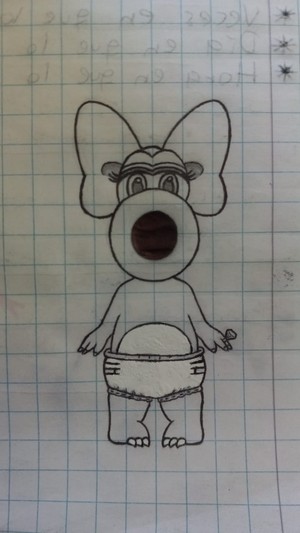 My sketch of my drawing of Birdo in diapers highlighted with a pen. 
