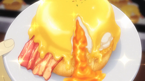  Еда in anime: Eggs benedict with mullet roe (karasumi) powder and бекон, бэкон in?