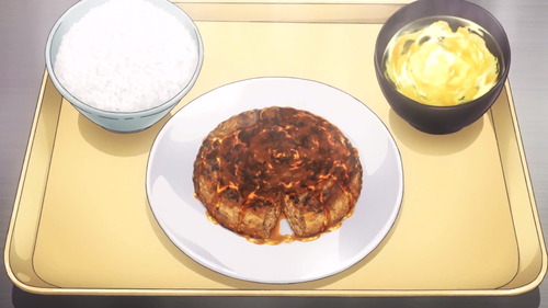  음식 in anime: Mackerel hamburger 스테이크 with egg 수프 and 쌀 in?