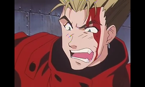 Who makes Vash angry in this picture ?