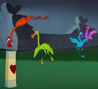 In her croquet match against Alice, the Queen of Hearts selected a ________ flamingo "mallet."