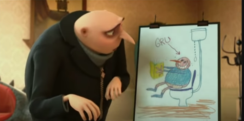 When Gru is giving his plan to Mr. Perkins, who drew the picture of him on the toilet?