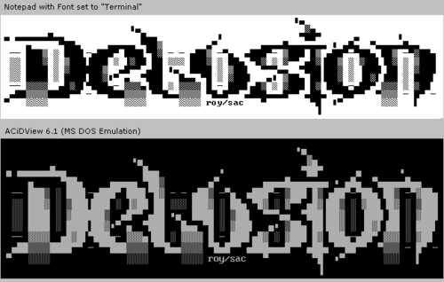  Block ASCII display via Notepad versus ACiDView for Windows from Wikipedia