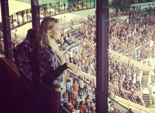  Filming a scene with Michael Fassbender during a game at Darrell K Royal-Texas Memorial Stadium, Aus