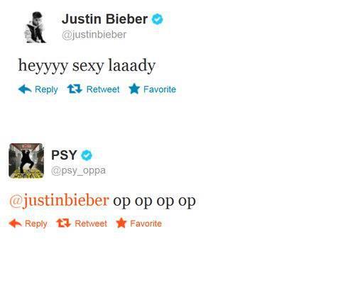 JB & PSY singing " Gangnam Style " on Twitter