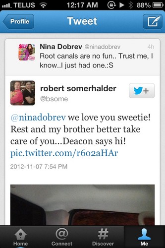 Bob Somerhalder tweets at Nina about Ian