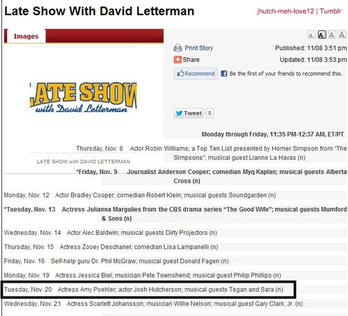 Josh Hutcherson will be on Late mostra with David Letterman on November 20,2012