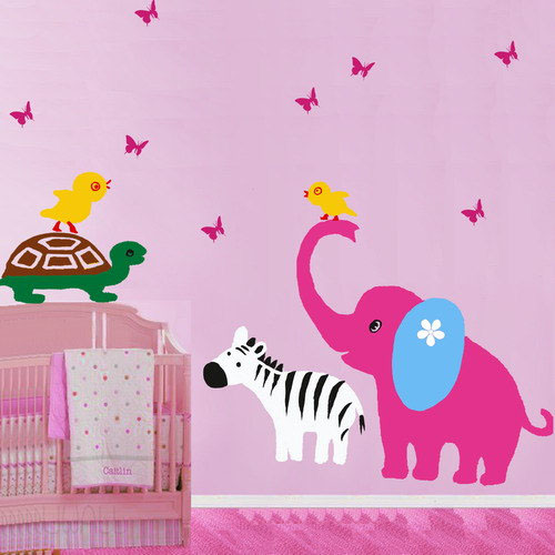 A Small Animal Paradise Elephant Turtle Chicken and Zebra Wall Sticker