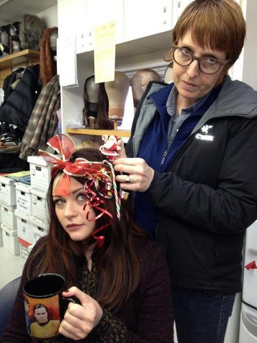 Emilie playing Xmas style in the ouat hair & make-up trailer