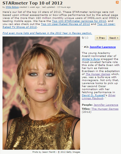  Jennifer in IMDB's Starmeter superiore, in alto 10