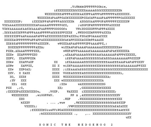 Rawak ASCII from http://www.segashiro.com/2010/04/30/the-randomness-sonic-the-hedgehog-2-ascii-art/