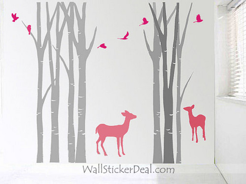  Birch cây Forest With Deer and Birds tường Stickers