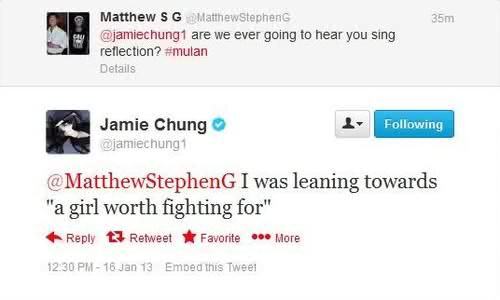  Jamie Chung (Mulan) Tweet "a girl worth fighting for"