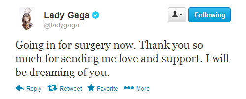  Gaga's tweet before surgery (Feb. 20)