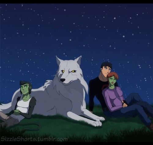  (Fanmade) SuperMartian with Beast Boy and serigala, wolf under the stars